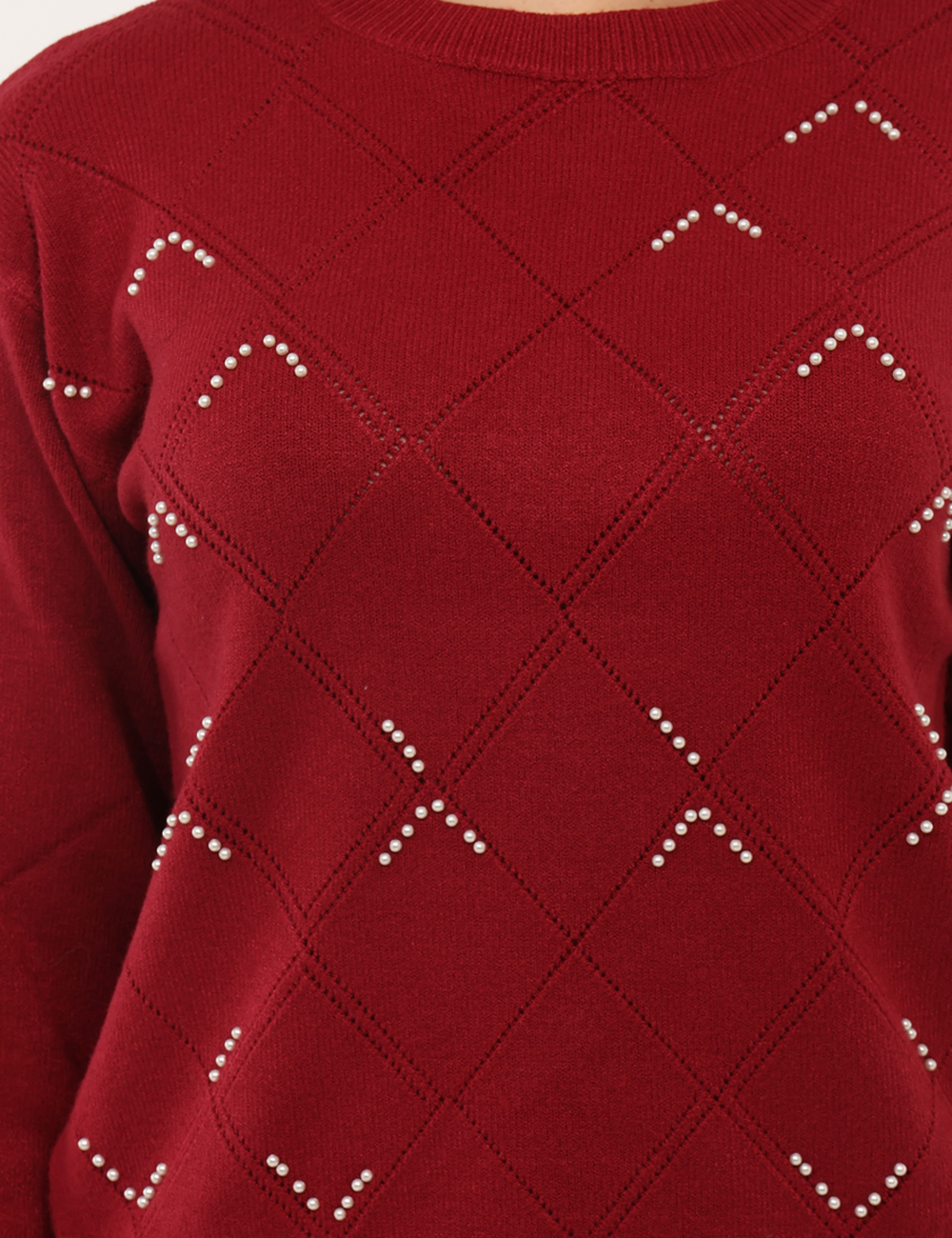 WT7014K50201-sa_BORDEAUX_AI25_5 Maglione Fracomina Bordeaux - Maglione con girocollo classico in total bordeaux, trama lavorata e perline che donano luce al