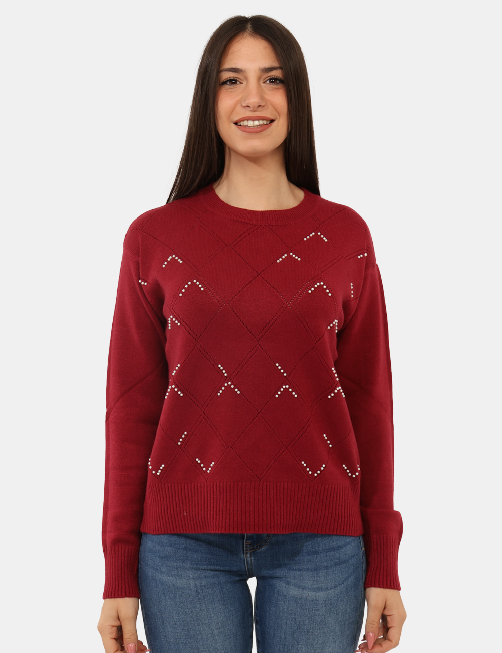 WT7014K50201-sa_BORDEAUX_AI25_6 Maglione Fracomina Bordeaux - Maglione con girocollo classico in total bordeaux, trama lavorata e perline che donano luce al