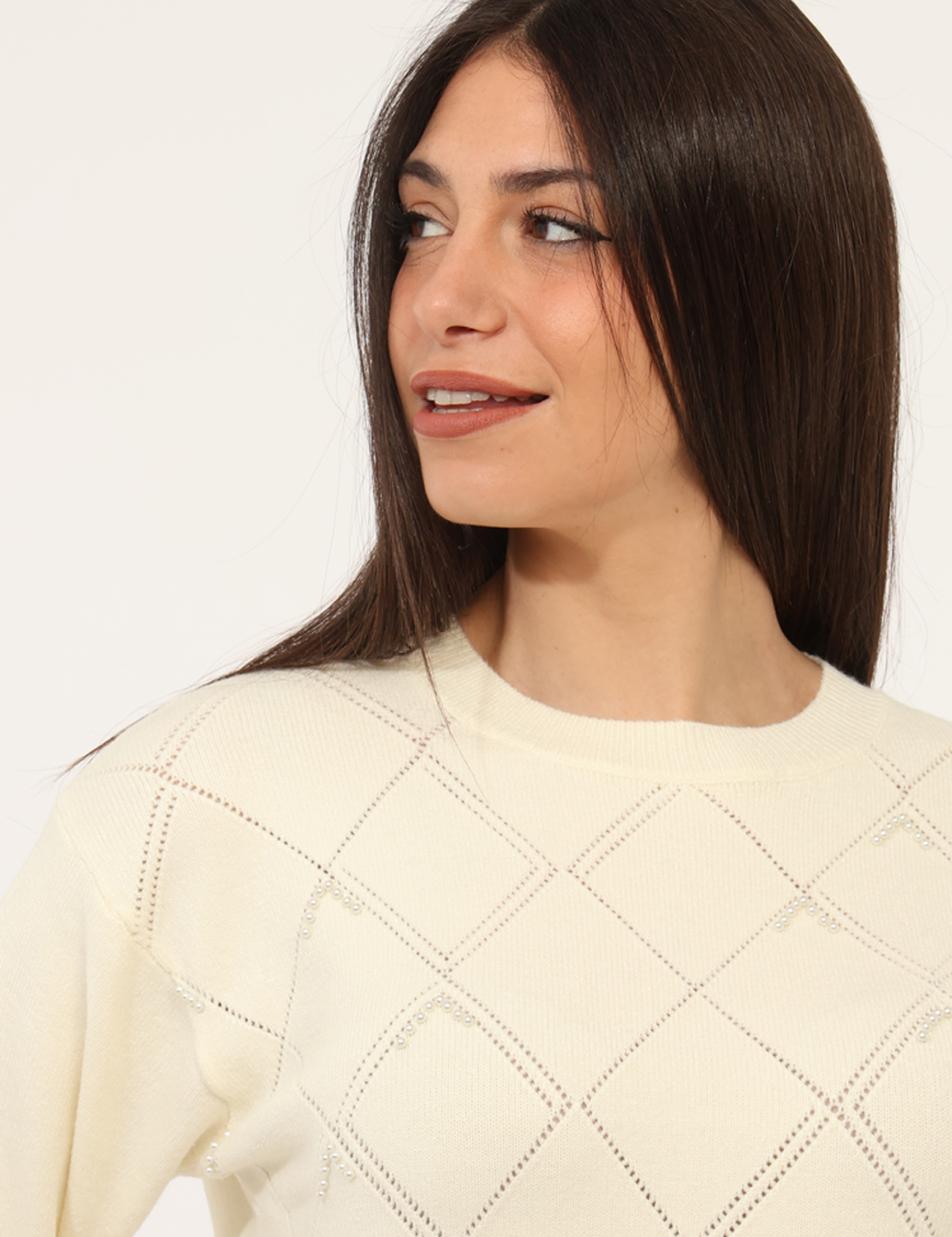 WT7014K50201-sa_CREAM_AI25_3 Maglione Fracomina Panna - Maglione con girocollo classico in total bianco crema, trama lavorata e perline che donano luce a