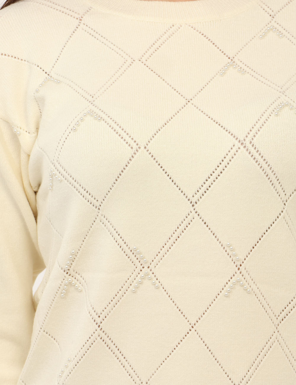 WT7014K50201-sa_CREAM_AI25_6 Maglione Fracomina Panna - Maglione con girocollo classico in total bianco crema, trama lavorata e perline che donano luce a