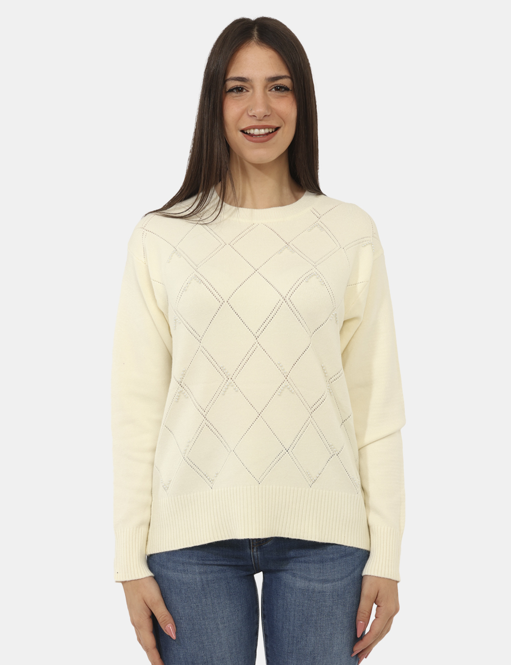 WT7014K50201-sa_CREAM_AI25_7 Maglione Fracomina Panna - Maglione con girocollo classico in total bianco crema, trama lavorata e perline che donano luce a