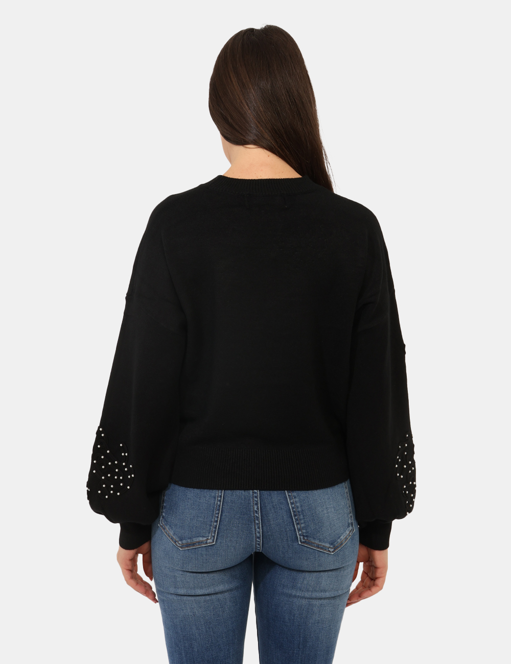 WT7016K-50201-sa_BLACK_AI25_2 Maglione Fracomina Nero - Maglione con girocollo classico in total nero, con trama lavorata sulla maniche arricchita da perl