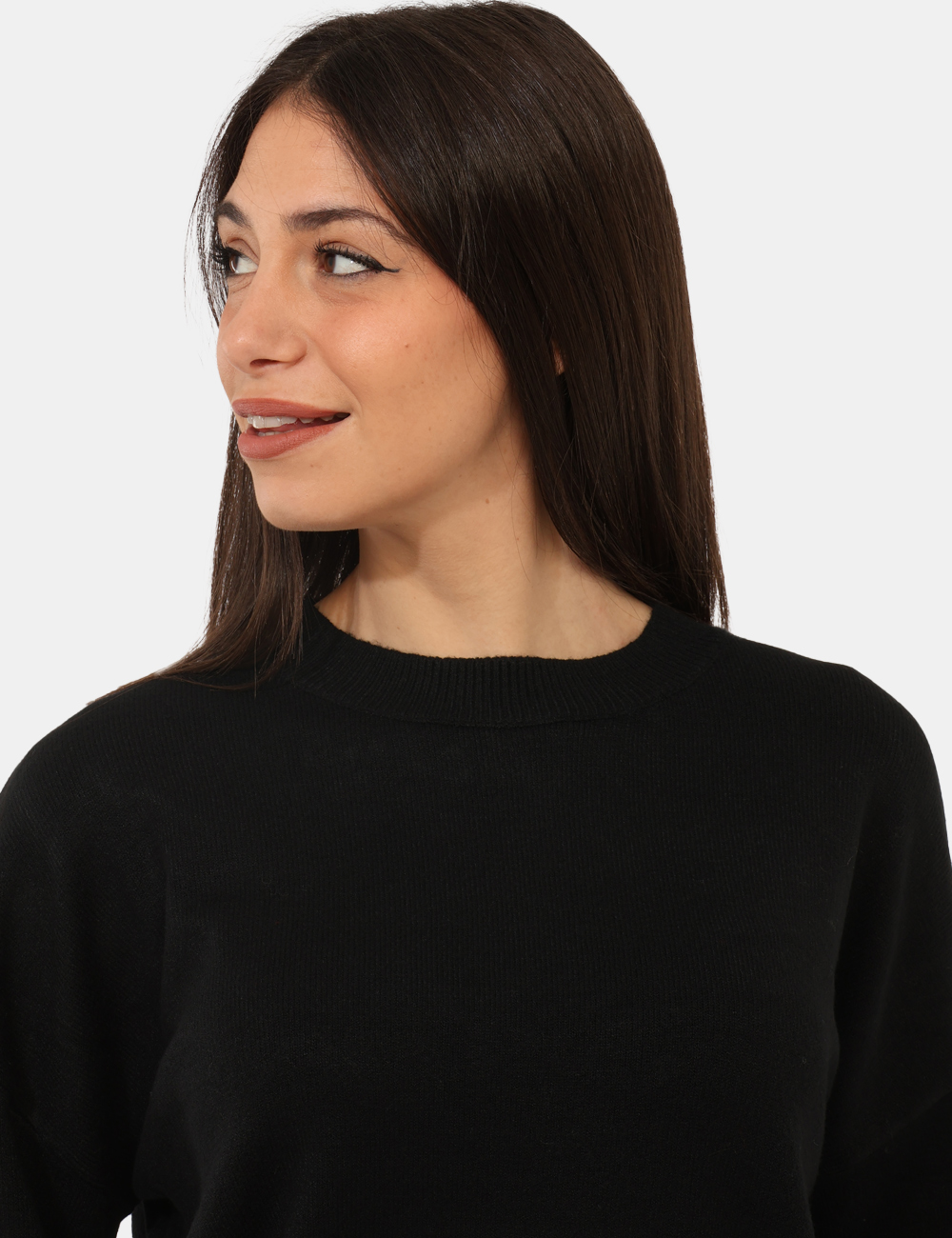 WT7016K-50201-sa_BLACK_AI25_3 Maglione Fracomina Nero - Maglione con girocollo classico in total nero, con trama lavorata sulla maniche arricchita da perl