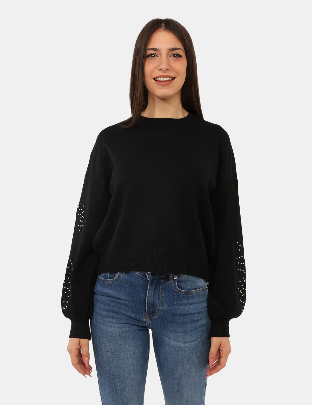 WT7016K-50201-sa_BLACK_AI25_5 Maglione Fracomina Nero - Maglione con girocollo classico in total nero, con trama lavorata sulla maniche arricchita da perl