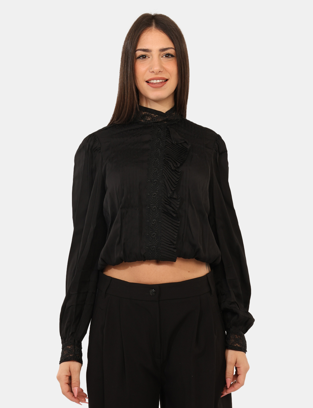 232TT2170-SA_NERO_AI25_6 Camicia Twin Set Nero - Camicia a collo alto con pizzo e dettagli tono su tono.Cod. art. 232TT2170 SAVi ricordiamo che tutti