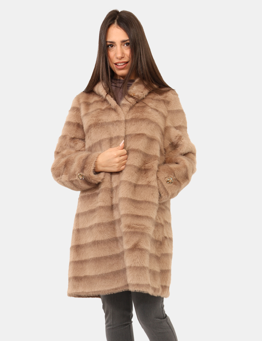 2652-OA_TALPA_AI25_1 Pelliccia Materica Marrone - Pelliccia lunga con cappuccio, in total marrone talpa su fantasia rigata, con gioiello applicat