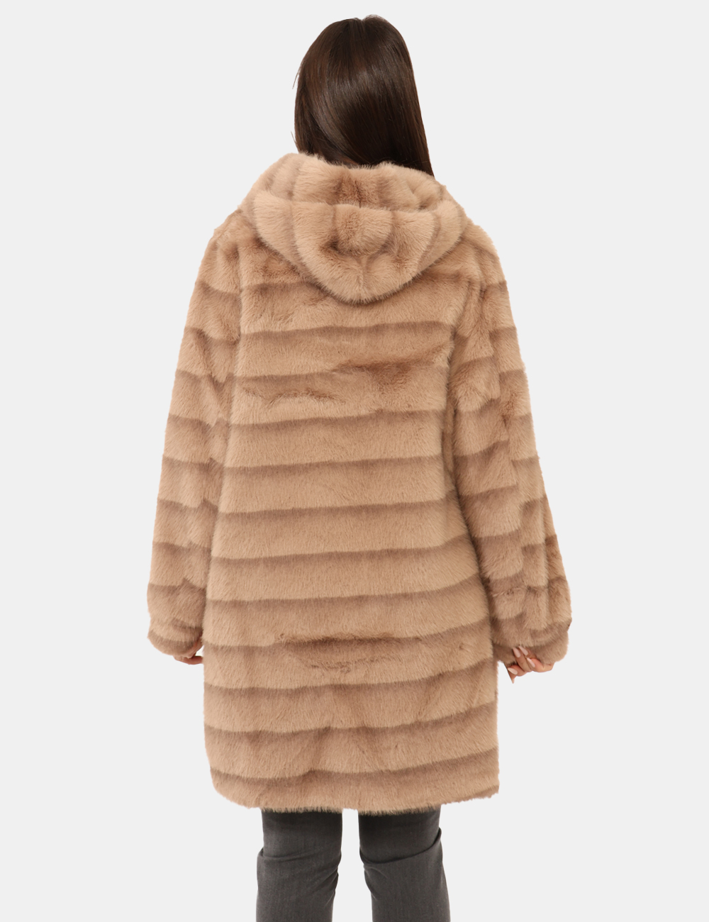 2652-OA_TALPA_AI25_2 Pelliccia Materica Marrone - Pelliccia lunga con cappuccio, in total marrone talpa su fantasia rigata, con gioiello applicat