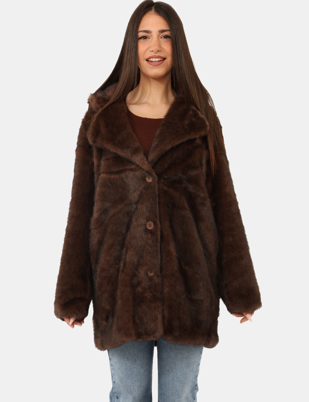 2922-OA_MORO_AI25_6 Pelliccia Materica Marrone - Pelliccia di media lunghezza in total marrone testa di moro, con scollo generoso. La vestibilit