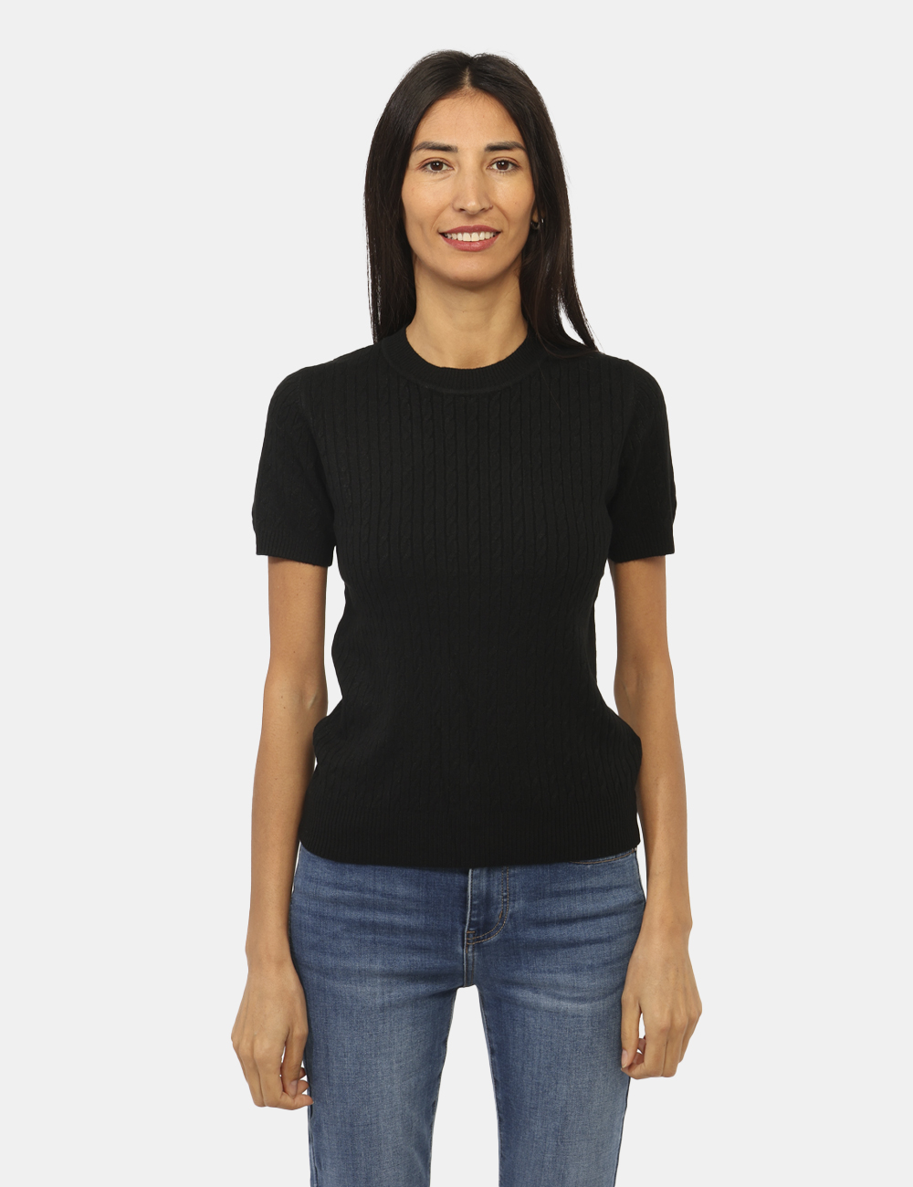 C004-OA_NERO_AI25_5 Maglia a maniche corte Materica Nero - Maglia a maniche corte in total nero, con girocollo classico e trama intrecciata. La