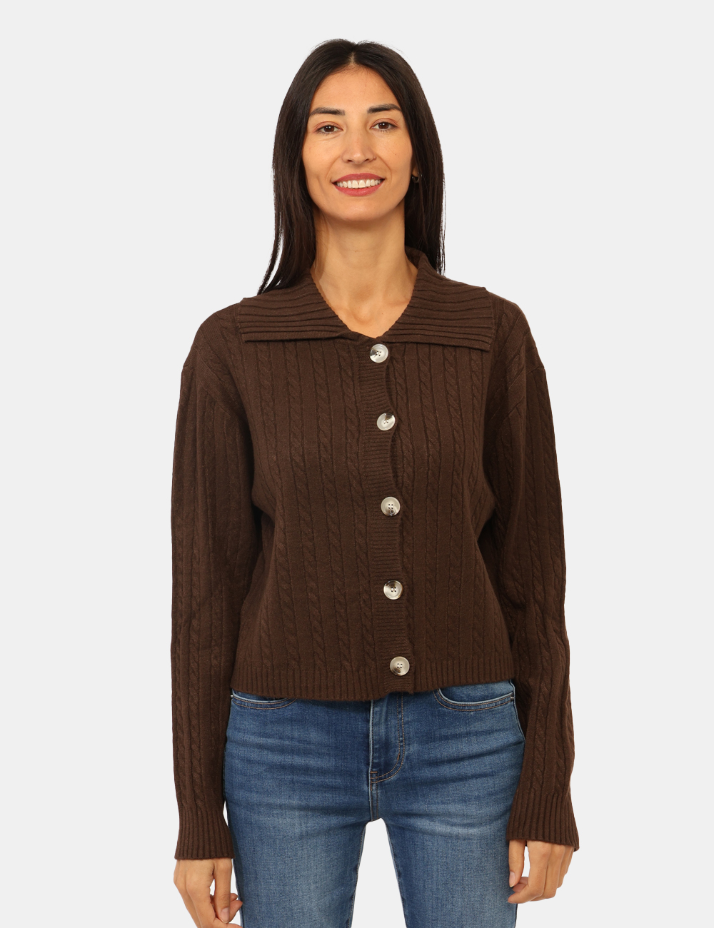 C007-OA_MORO_AI25_5 Maglione Materica Marrone - Maglione modello cardigan corto, in total marrone testa di moro con trama intrecciata e collo am