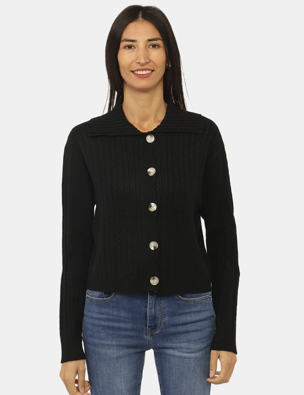 C007-OA_NERO_AI25_5 Maglione Materica Nero - Maglione modello cardigan corto, in total nero con trama intrecciata e collo ampio. La vestibilità