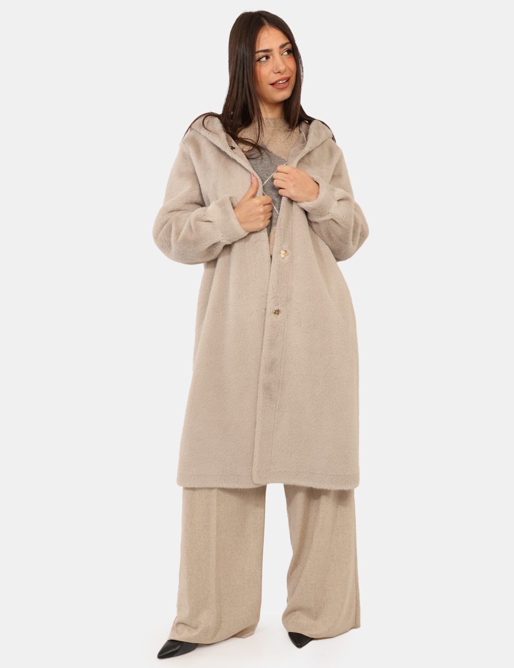 CALOTTA-2525456032-SA_GRIGIO-PERLA_AI25_1 Cappotto Emme Marella Grigio - Cappotto lungo simil pelliccia in poliestere, total grigio chiaro, con cappuccio non removibi