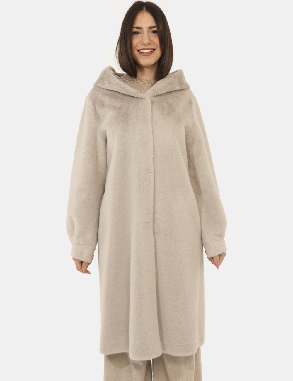 CALOTTA-2525456032-SA_GRIGIO-PERLA_AI25_5 Cappotto Emme Marella Grigio - Cappotto lungo simil pelliccia in poliestere, total grigio chiaro, con cappuccio non removibi