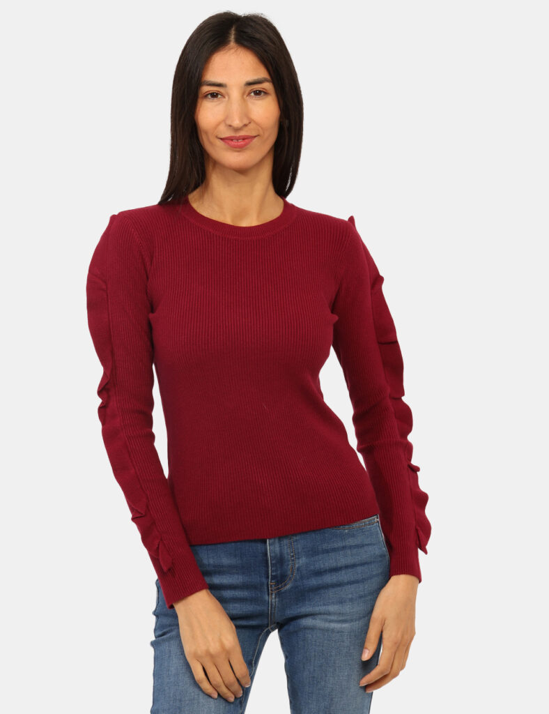 Maglione Materica Bordeaux - Maglione costina con girocollo classico, in total bordeaux e frill in tinta applicato sulle man
