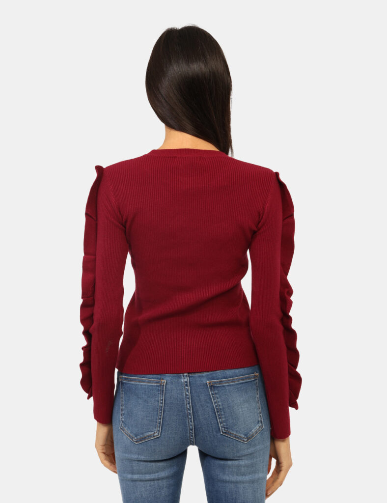 Maglione Materica Bordeaux - Maglione costina con girocollo classico, in total bordeaux e frill in tinta applicato sulle man