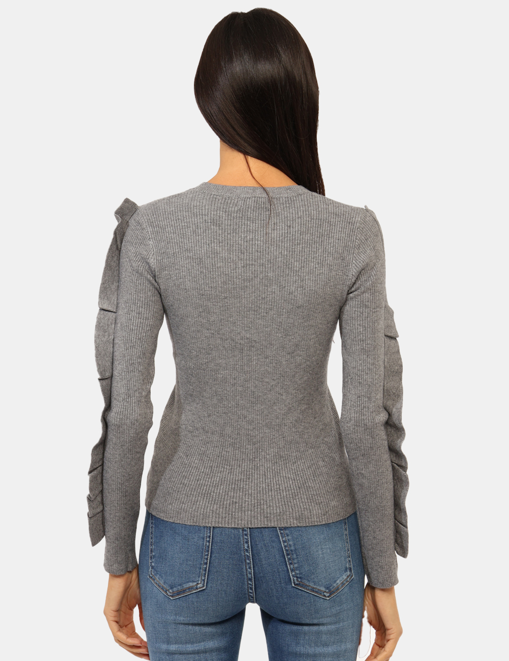 D018-OA_GRIGIO_AI25_2 Maglione Materica Grigio - Maglione costina con girocollo classico, in total grigio e frill in tinta applicato sulle maniche