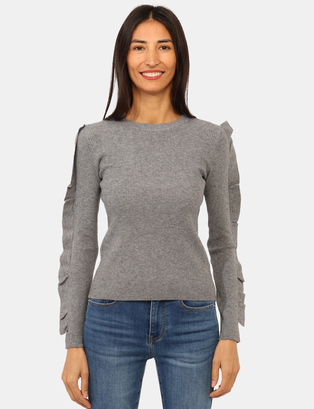D018-OA_GRIGIO_AI25_6 Maglione Materica Grigio - Maglione costina con girocollo classico, in total grigio e frill in tinta applicato sulle maniche