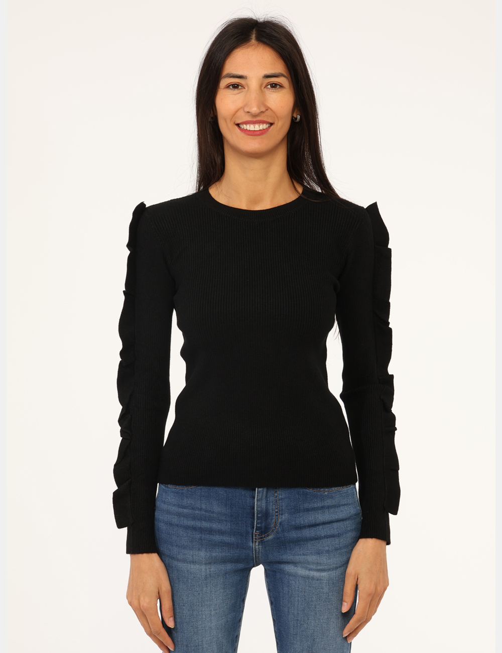 D018-OA_NERO_AI25_6 Maglione Materica Nero - Maglione costina con girocollo classico, in total nero e frill in tinta applicato sulle maniche. La