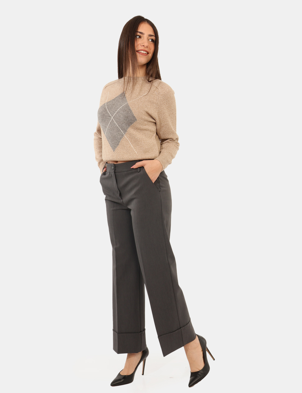 DANY-2525136122-SA_GRIGIO-SCURO_AI25_1 Pantaloni Emme Marella Grigio - Pantaloni larghi ma eleganti, in total grigio con tasche a taglio trasversale. La vestibilit