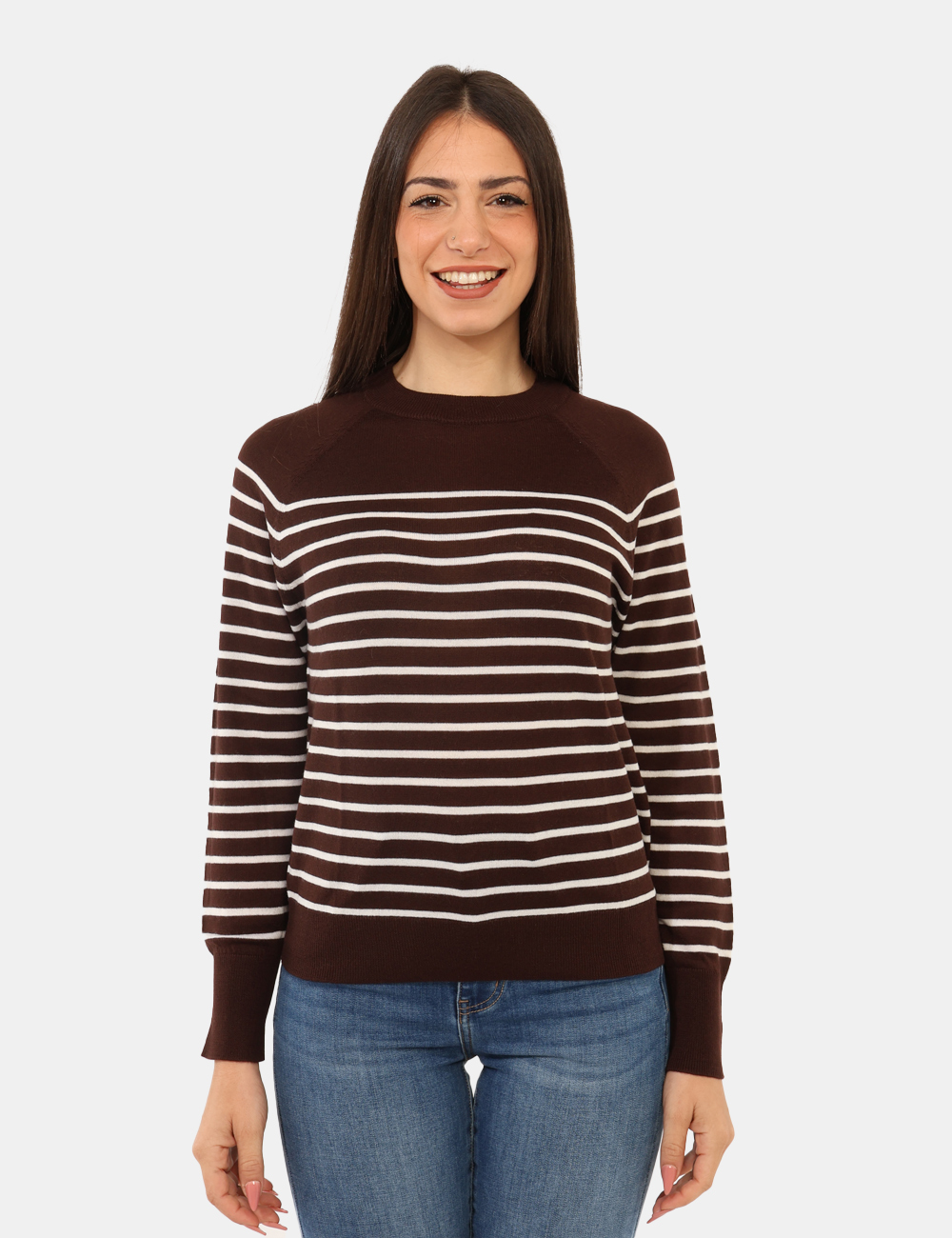 EREMO-2525366372-SA_TESTA-DI-MORO_AI25_5 Maglione Emme Marella Marrone - Maglioncino leggero a maniche lunghe, accollato, con in total marrone con righine bianche. L