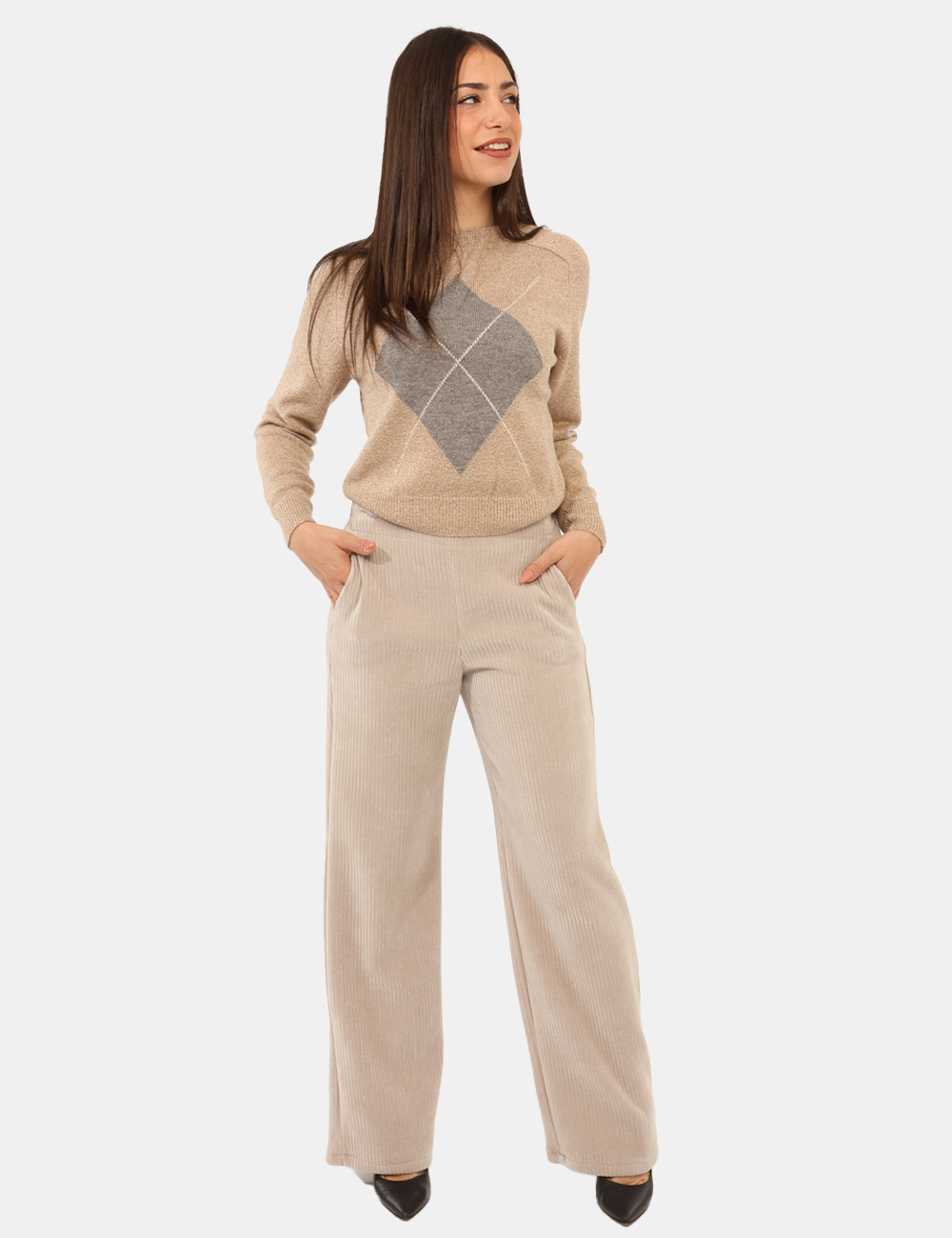 FOSTER-2525786012-SA_BIANCO-SPORCO_AI25_1 Pantaloni Emme Marella Beige - Pantaloni larghi ma eleganti, in costina total beige ecru. Presenti tasche a taglio trasversa