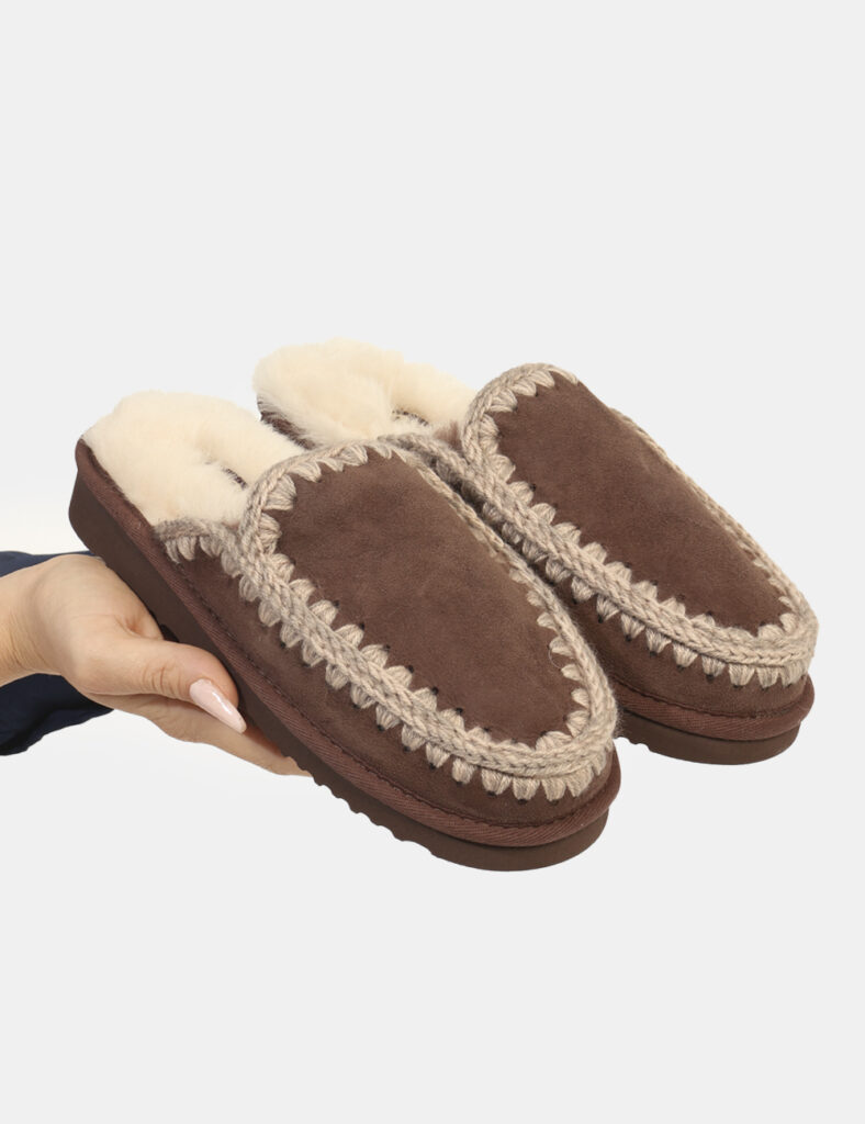 Sabot Mou Marrone - Sabot in misto lana, tessuto scamosciato marrone con dettagli in corda ed interno caldo in fake fur abbi