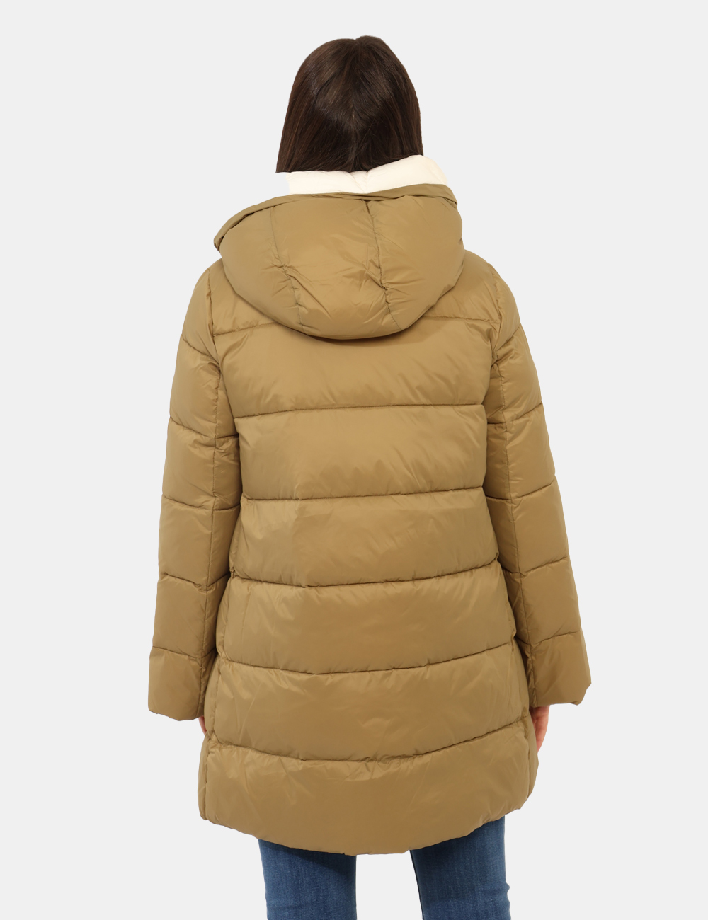 G224104W-OA_DRHB_AI25_2 Piumino Canadian Verde - Piumino lungo fino a metà gamba, in total verde scuro con cappuccio non removibile ed interno bianc