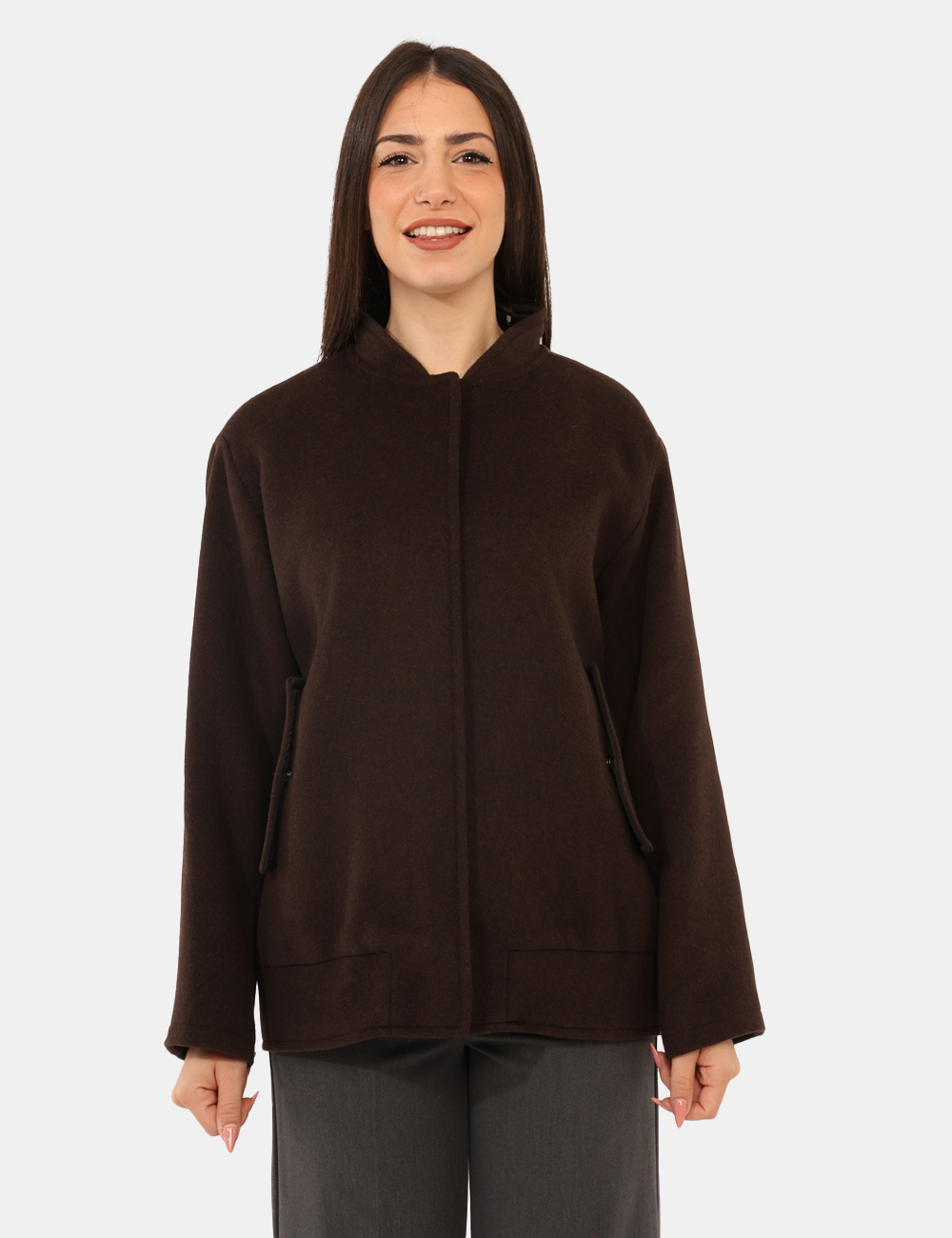 NOTAION-2525086072-SA_TESTA-DI-MORO_AI25_5 Cappotto Emme Marella Marrone - Cappotto corto in misto lana, total marrone scuro con tasche a taglio e chiusura a bottone.
