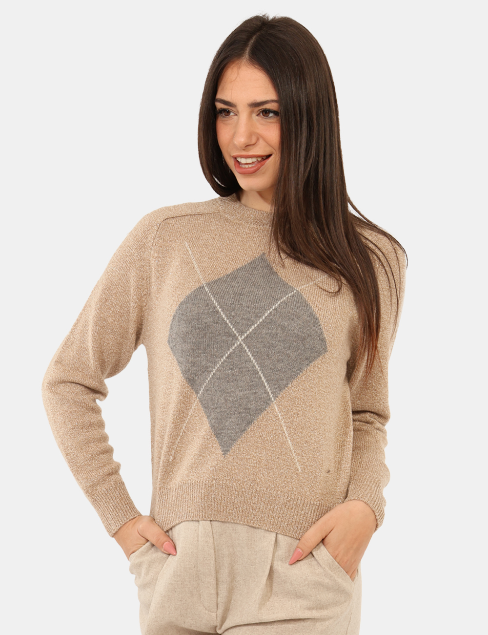 NOVELLA-2525366062-SA_CAMMELLO_AI25_1 Maglione Emme Marella Beige - Maglione a maniche lunghe, con girocollo classico, in total beige con stampa coordinata e filo