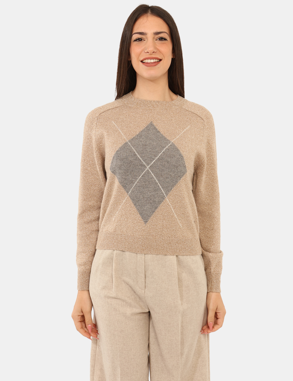 NOVELLA-2525366062-SA_CAMMELLO_AI25_5 Maglione Emme Marella Beige - Maglione a maniche lunghe, con girocollo classico, in total beige con stampa coordinata e filo