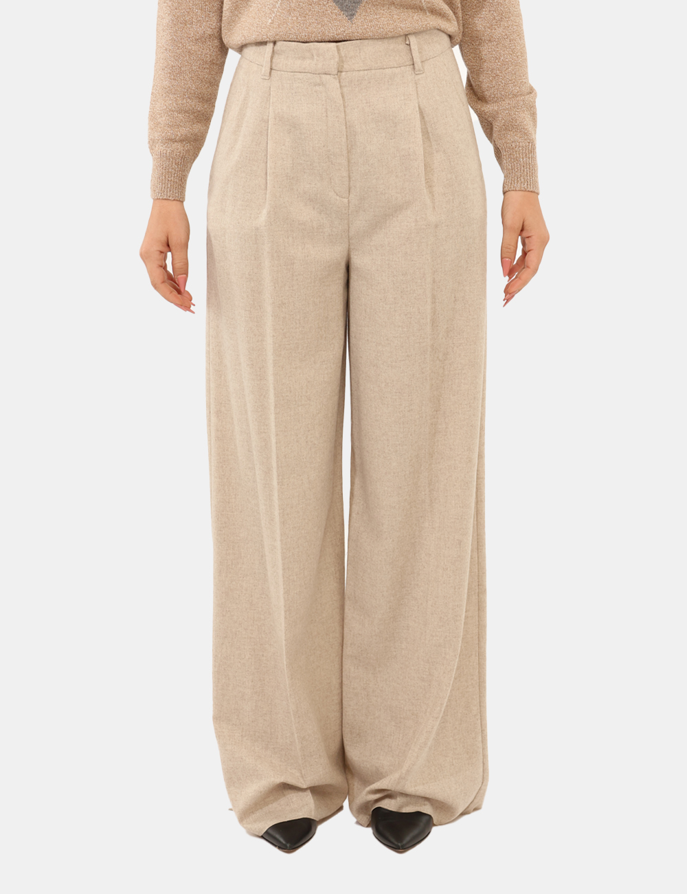 ODILIA-2525136102-SA_BIANCO-SPORCO_AI25_6 Pantaloni Emme Marella Beige - Pantaloni larghi in misto lana total beige, con tasche a taglio trasversale. La vestibilità è