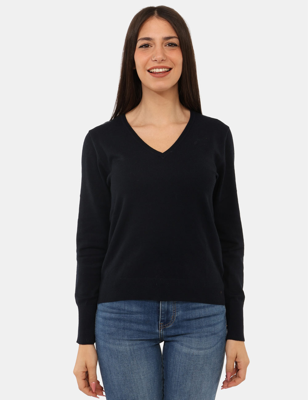 PK20024-OA_BLUE_AI25_6 Maglione Rue De Clerie Blu - Maglioncino leggero, classico, con scollo a V e in total blu navy. La vestibilità è morbida e r