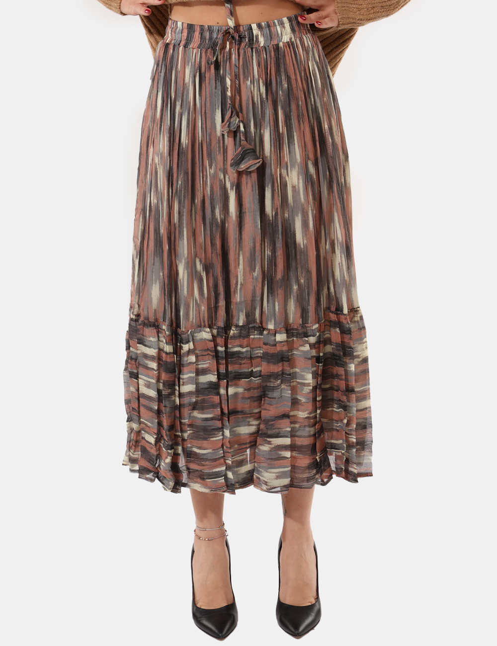 DN6075-SA_GREY-NUDE_AI25_6 Gonna Ottod'Ame Fantasia - Gonna midi in fantasia con coulisse ed elastico, con balza sul fondo.Cod. art. DN6075 SAVi ricord