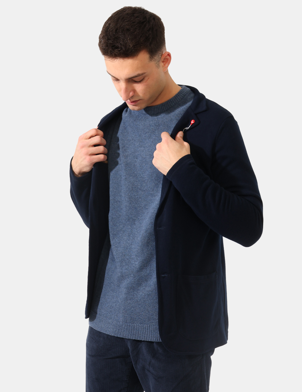 GI24109BA24-T100AC-SA_SCURO-SCURO_AI25_1 Giacca Bernese Blu - Giacca casual in maglina, total blu navy con tasche a toppa più taschino. La vestibilità è morbida e pr