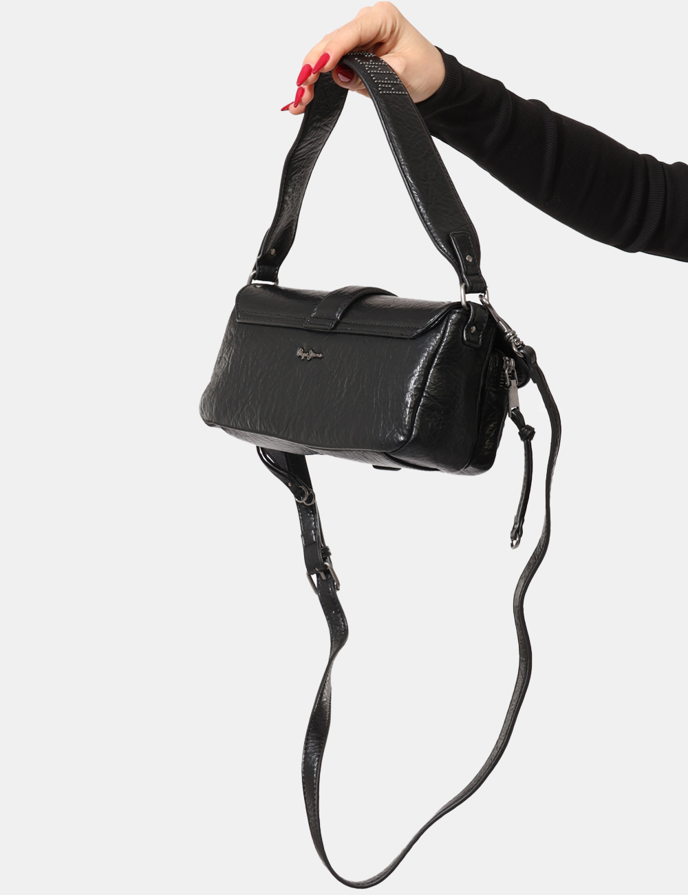 PL0300002-OA_BLACK-999_AI25_6 Borsa Pepe Jeans Nero - Borsa tracolla di piccole dimensioni, in total nero con borchiette, scompartimento con chiusura a bo
