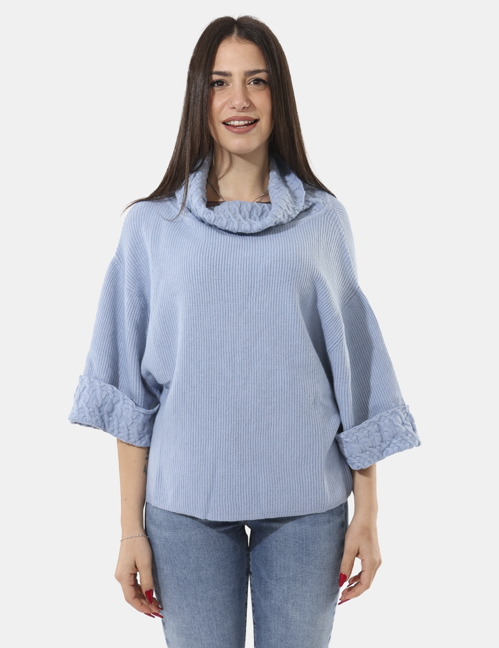 S65YBEX22343-SA_CIELO_AI25_5 Maglione Sandro Ferrone Azzurro - Maglia a collo alto , morbido con manica a 3/4.Cod. art. S65YBEX22343 SAVi ricordiamo che