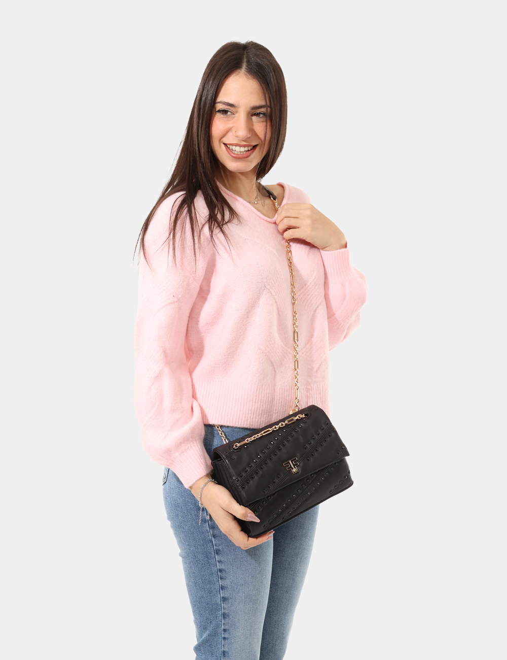 FA24WB3002P441D9-SA_BLACK_AI25_1 Borsa Fracomina Nero - Borsa a tracolla con catena dorata e borchiette tono su tono.Cod. art. FA24WB3002P441D9 SAVi ricordia