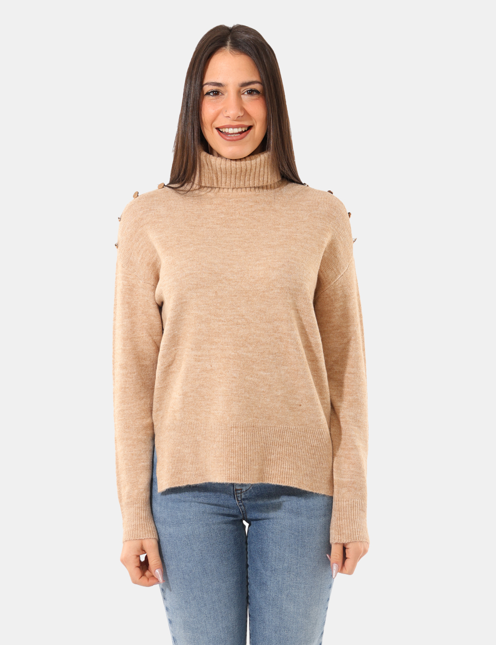NA603-SA_BEIGE_AI25_5 Maglione Rue De Clerie Beige - Maglione a collo alto, in misto lana, total beige, con spacchetti laterali e bottoni dorati s
