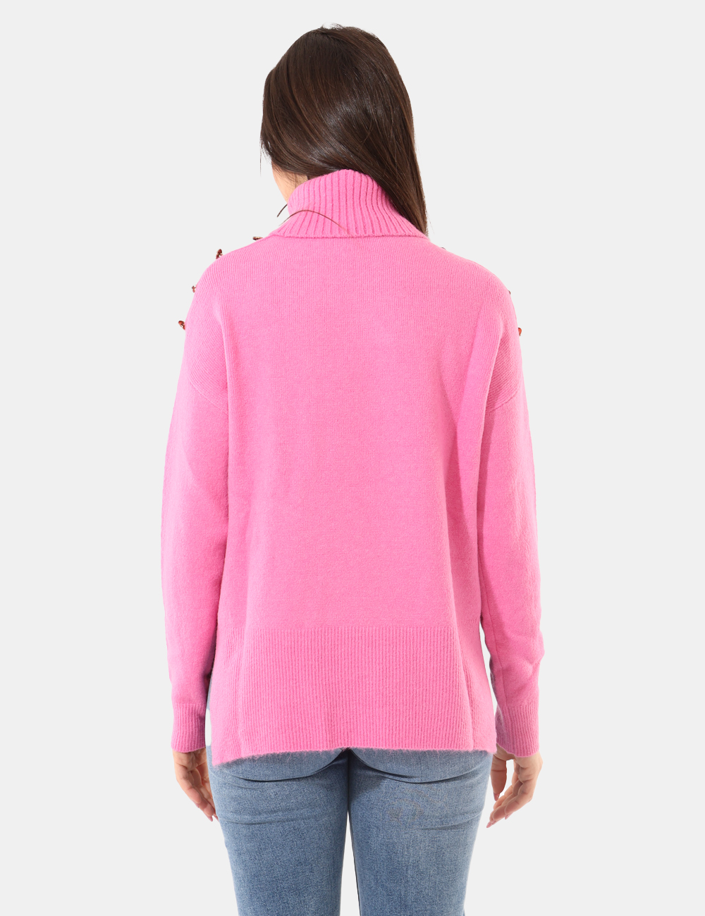 NA603-SA_ROSA-BIG-BABOL_AI25_2 Maglione Rue De Clerie Rosa - Maglione a collo alto, in misto lana, total rosa intenso, con spacchetti laterali e bottoni do