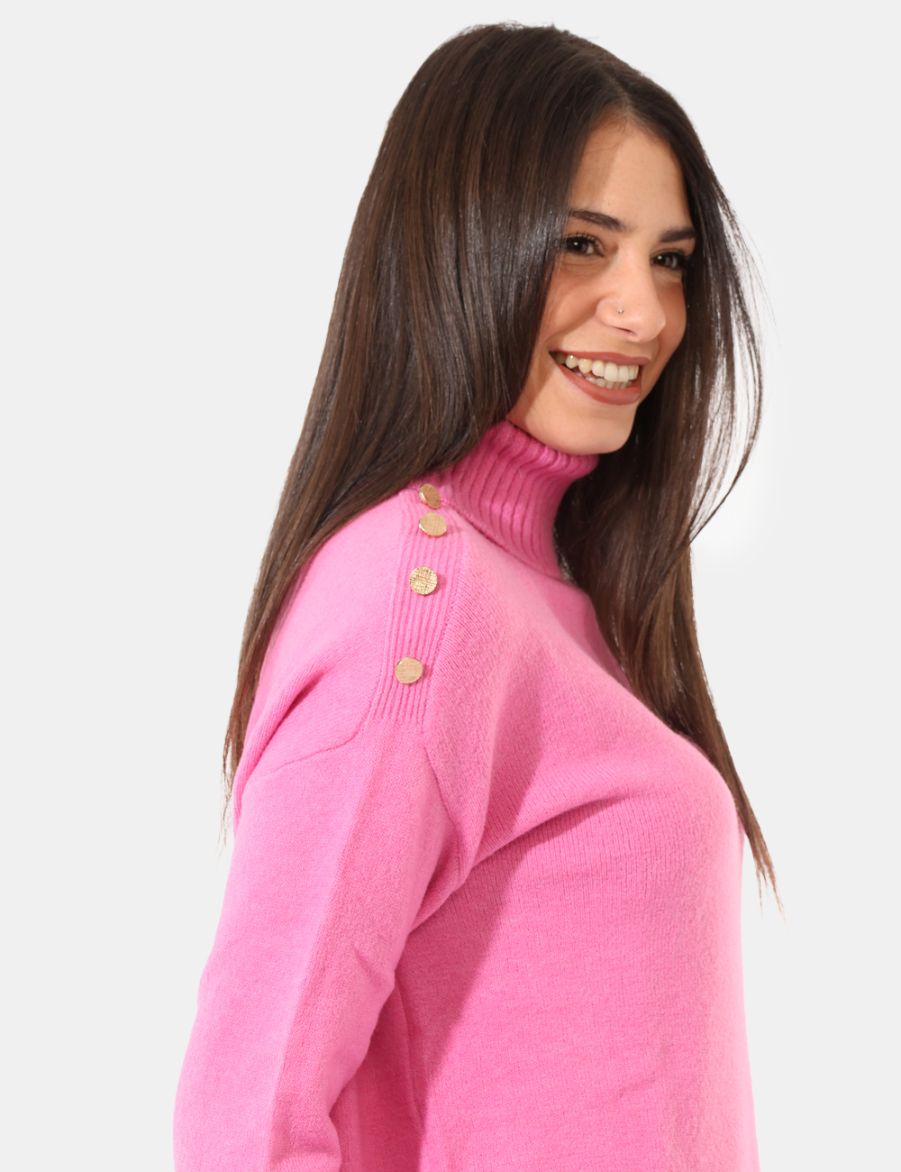 NA603-SA_ROSA-BIG-BABOL_AI25_4 Maglione Rue De Clerie Rosa - Maglione a collo alto, in misto lana, total rosa intenso, con spacchetti laterali e bottoni do