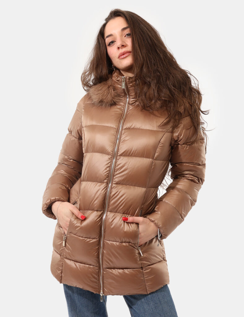 Abbigliamento donna scontato - Piumino Yes Zee Marrone con cappuccio removibile