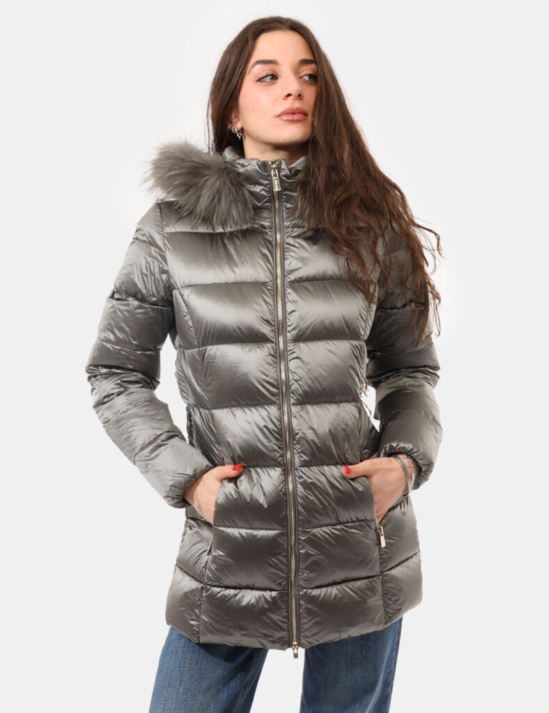 Abbigliamento donna scontato - Piumino Yes Zee Grigio con cappuccio removibile