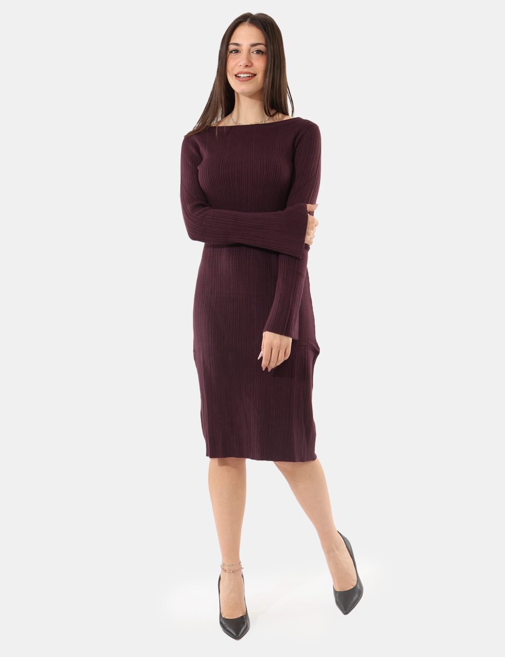 S65YBEAP23630-SA_PRUGNA_AI25_1 Maglione Sandro Ferrone Viola - Vestito lungo in maglina, a maniche lunghe, in total viola prugna. La vestibilità è morbida