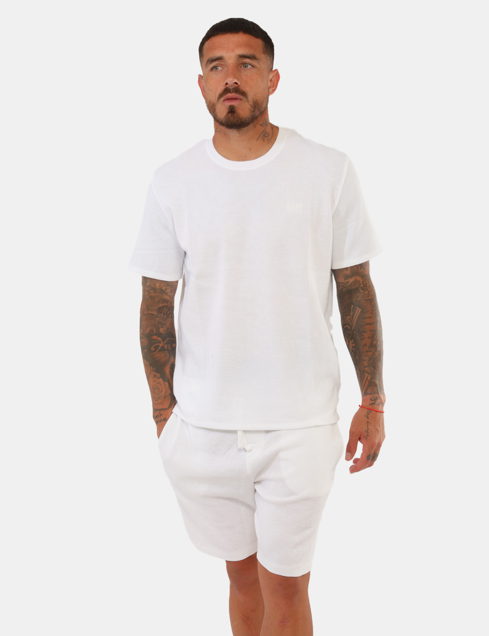50535884-WAFFLE-SHORTS-OB_WHITE_PE26_1 Bermuda Boss Bianchi - Bermuda BOSS Bianchi da uomo Freschi, versatili e perfetti per la bella stagione: i Bermuda BOSS Bian