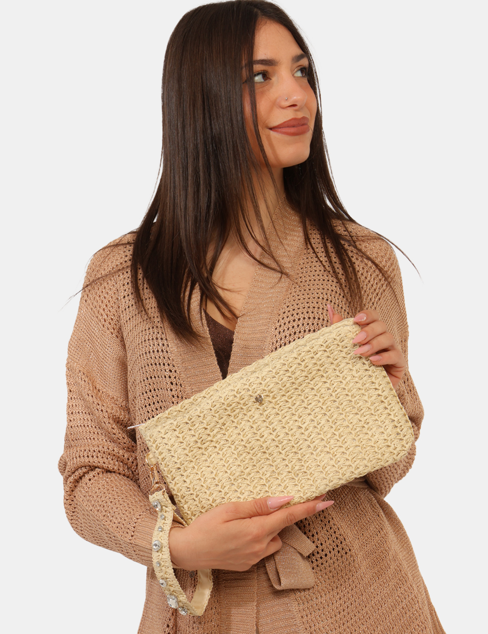 BP0352SP-OB_NATURAL_PE26_1 Pochette Concept83 Beige - Pochette CONCEPT83 beige da donna con polsiera strass La Pochette CONCEPT83 Beige è l'accessorio