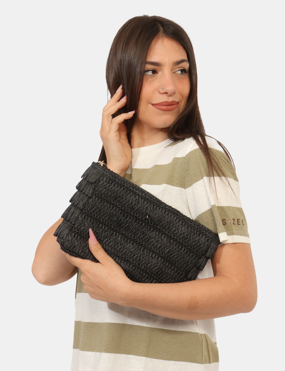 BP0365SP-OB_BLACK_PE26_1 Pochette Concept83 Nero - Pochette CONCEPT83 nera da donna con polsiera intrecciata e frange laterali La Pochette CONCEPT83