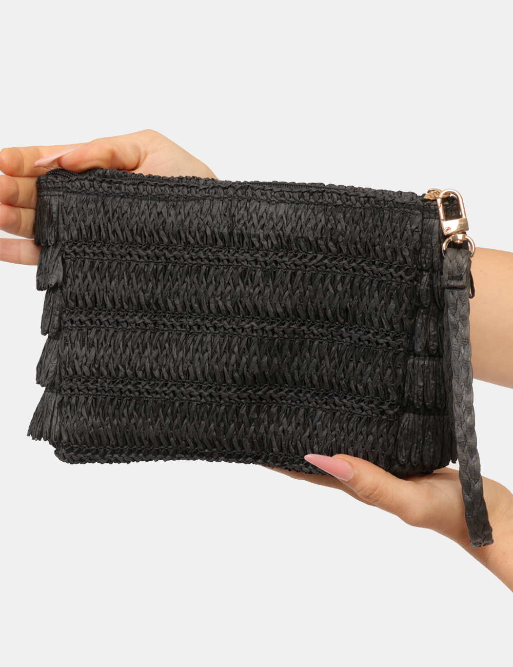 BP0365SP-OB_BLACK_PE26_3 Pochette Concept83 Nero - Pochette CONCEPT83 nera da donna con polsiera intrecciata e frange laterali La Pochette CONCEPT83