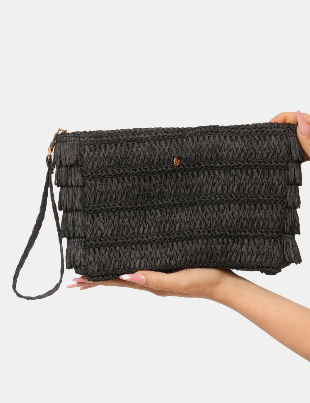 BP0365SP-OB_BLACK_PE26_5 Pochette Concept83 Nero - Pochette CONCEPT83 nera da donna con polsiera intrecciata e frange laterali La Pochette CONCEPT83