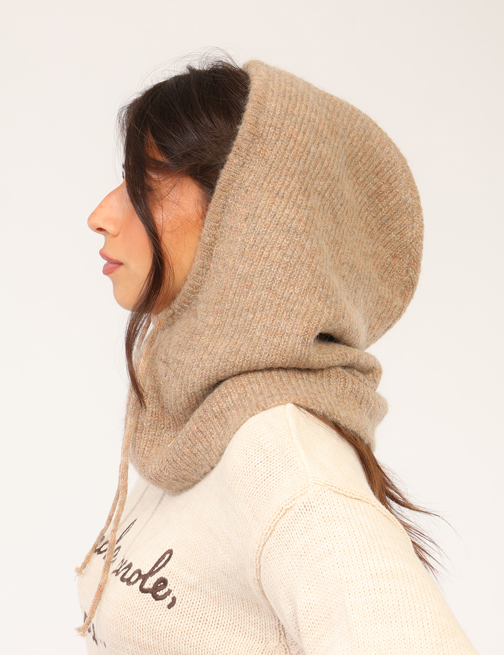 K015-IY00_BEIGE_AI26_3 Cappuccio in maglia Yes Zee Beige - Cappuccio in maglia YES ZEE Beige da donna Il Cappuccio in maglia YES ZEE Beige da donna